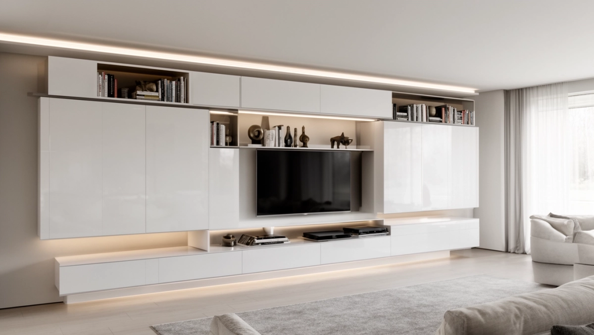 Nowoczesna zabudowa ściany w salonie