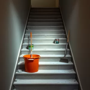 Sprzątanie klatki schodowej podczas remontu