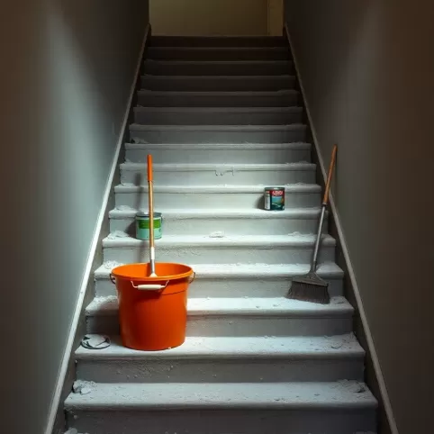 Sprzątanie klatki schodowej podczas remontu